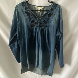 Tantrums Peasant Top Womens L Denim Embroidered Boho Babydoll Chambray